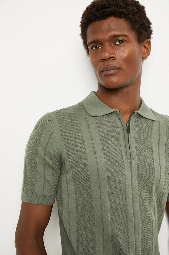 Burton Pure Cotton Green Vertical Texture Zip Neck Knitted Polo Shirt 4