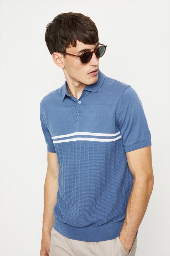 Burton Blue Chest Stripe Textured Knitted Polo Shirt 2
