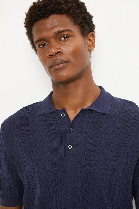 Burton Cotton Rich Navy Cable Knitted Polo Shirt 4