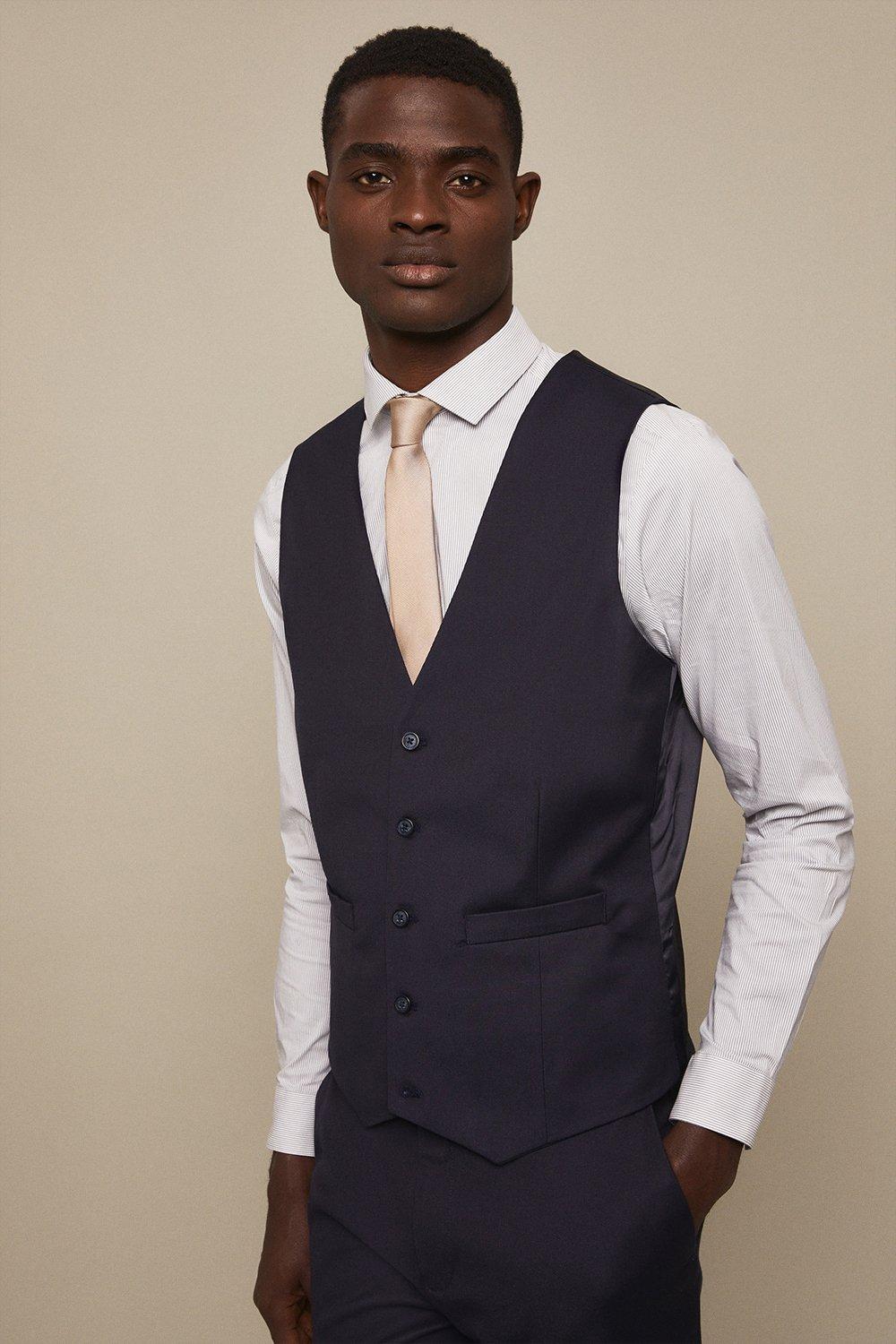 Mens Tailored Fit Navy Cotton Stretch Waistcoat