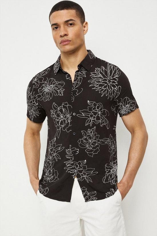 Burton Regular Fit Black Mono Leaf Print Short Sleeve Shirt 2