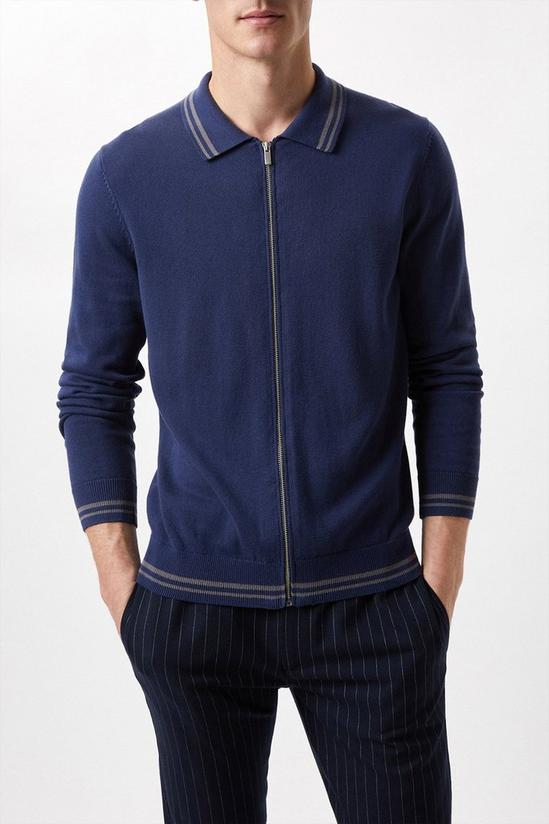Burton Pure Cotton Blue Tipped Long Sleeve Zip Knitted Shirt 1