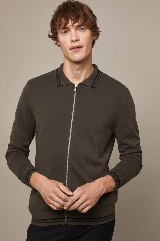 Burton Pure Cotton Khaki Long Sleeve Zip Knitted Polo Shirt 1