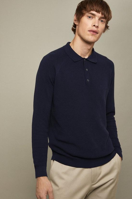 Burton Pure Cotton Navy Textured Long Sleeve Snap Knitted Polo Shirt 1