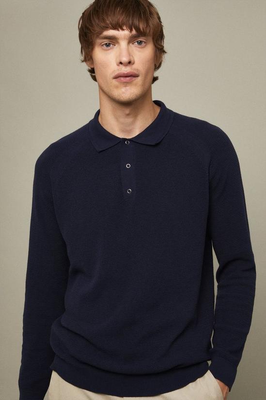 Burton Pure Cotton Navy Textured Long Sleeve Snap Knitted Polo Shirt 2