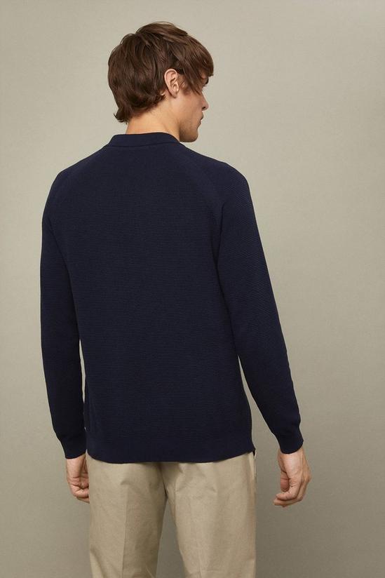 Burton Pure Cotton Navy Textured Long Sleeve Snap Knitted Polo Shirt 3