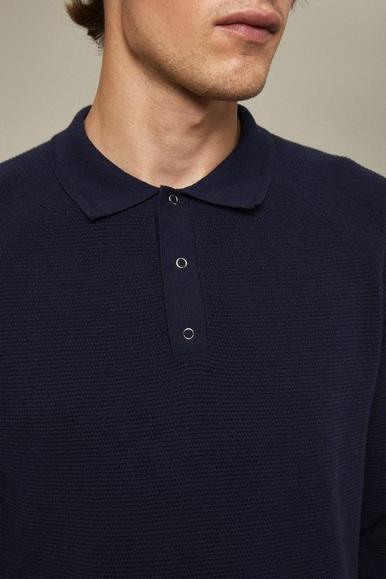 Burton Pure Cotton Navy Textured Long Sleeve Snap Knitted Polo Shirt 4