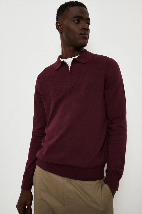 Burton Pure Cotton Burgundy Textured Panel Zip Up Knitted Polo Shirt 1