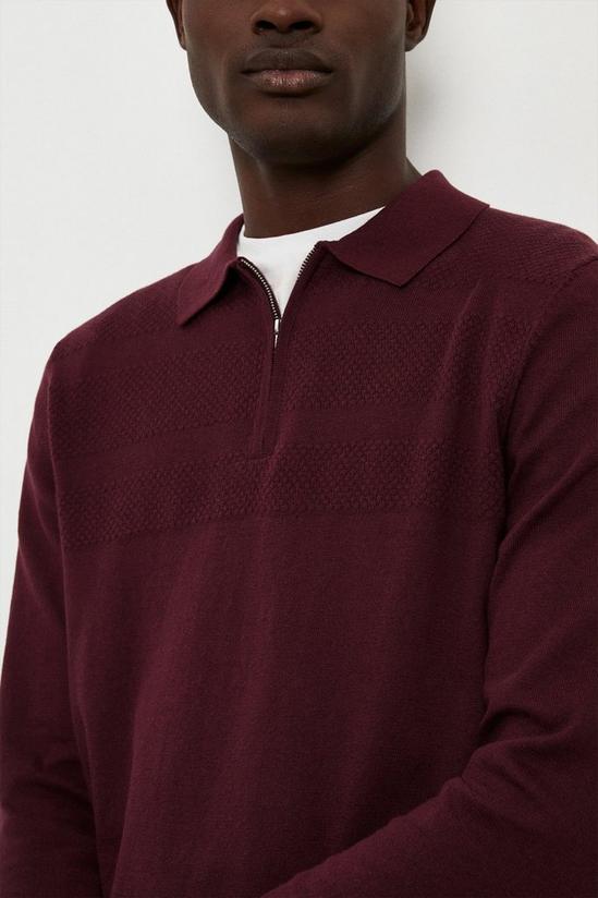 Burton Pure Cotton Burgundy Textured Panel Zip Up Knitted Polo Shirt 4