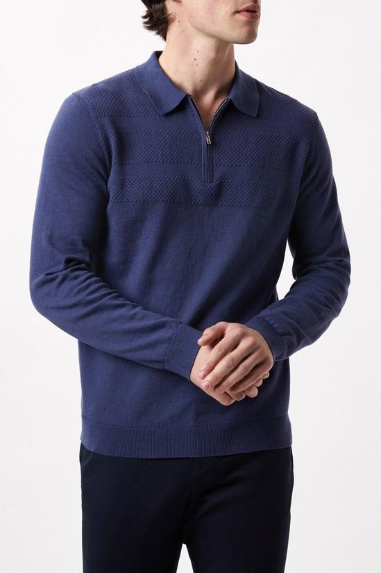 Burton Blue Textured Panel Knitted Polo Shirt 1