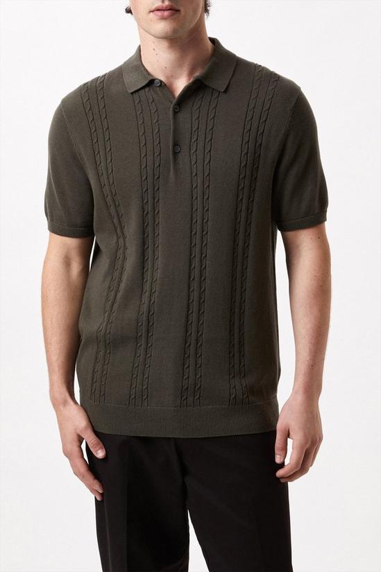 Burton Khaki Short Sleeve Cable Knitted Polo Shirt 1