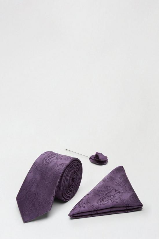 Burton Purple Wedding Paisley Tie Set With Lapel Pin 1