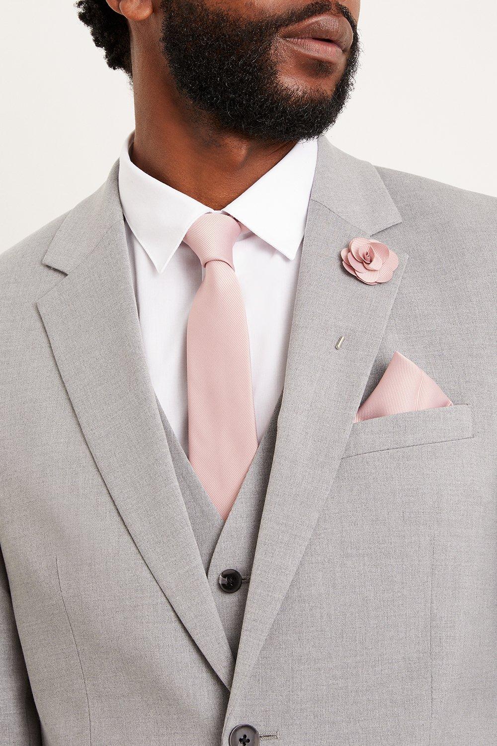 Mens Wedding Plain Tie Set With Matching Lapel Pin