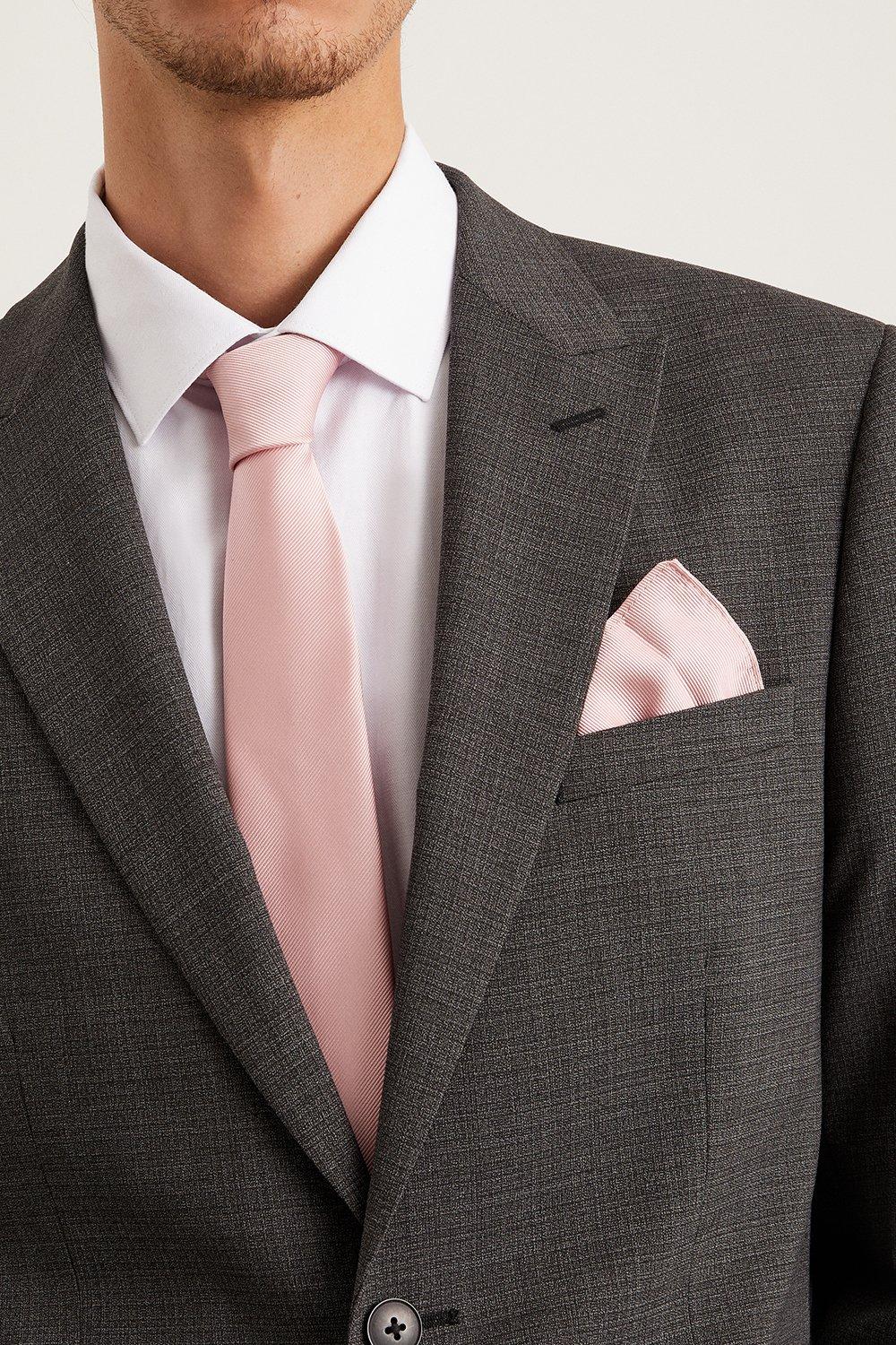 Mens Slim Light Pink Tie And Pocket Square Set