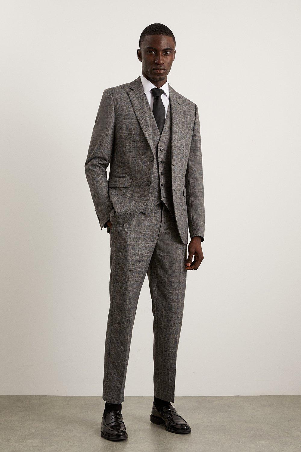Mens Skinny Grey Blue Highlight Check Suit Trouser