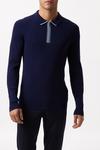 Burton Premium Navy Muscle Fit Tipped Zip Knitted Ribbed Polo Shirt thumbnail 1