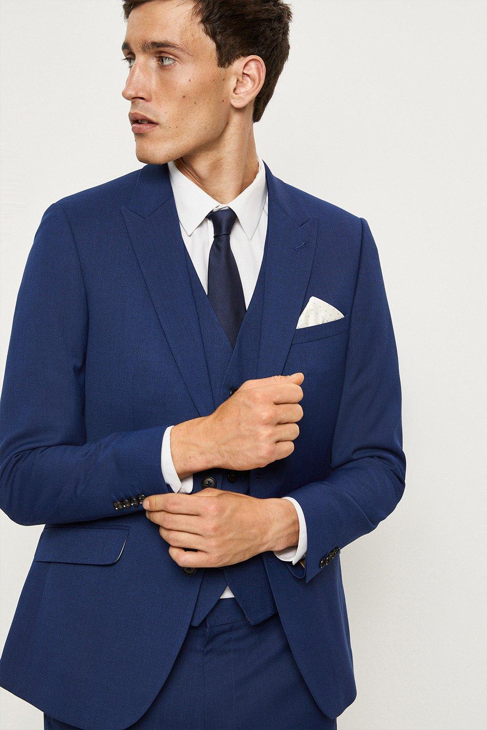 Suits Slim Fit Blue Slub Suit Jacket Burton