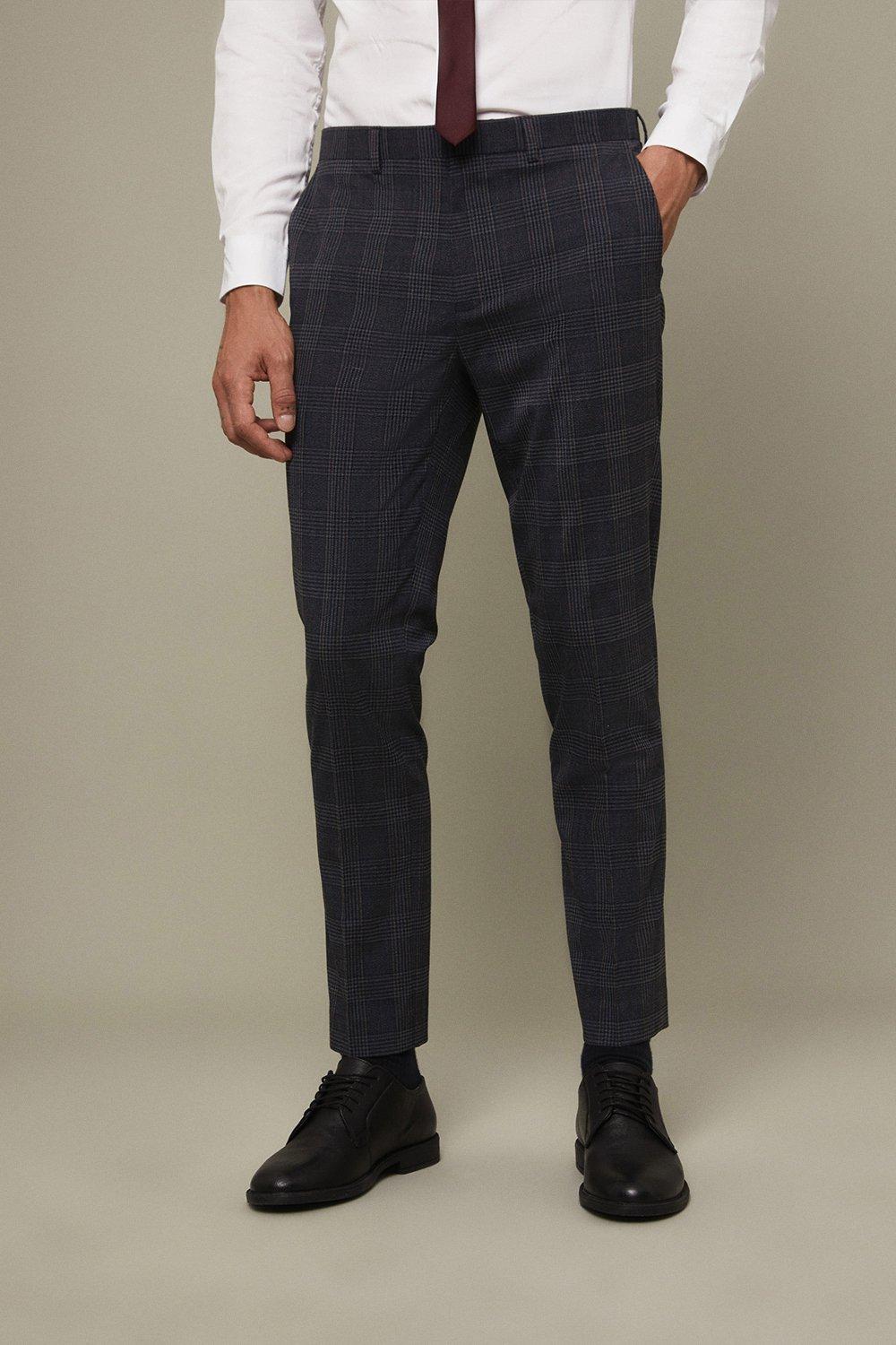 Mens Skinny Fit Grey And Burgundy Check Suit Trousers