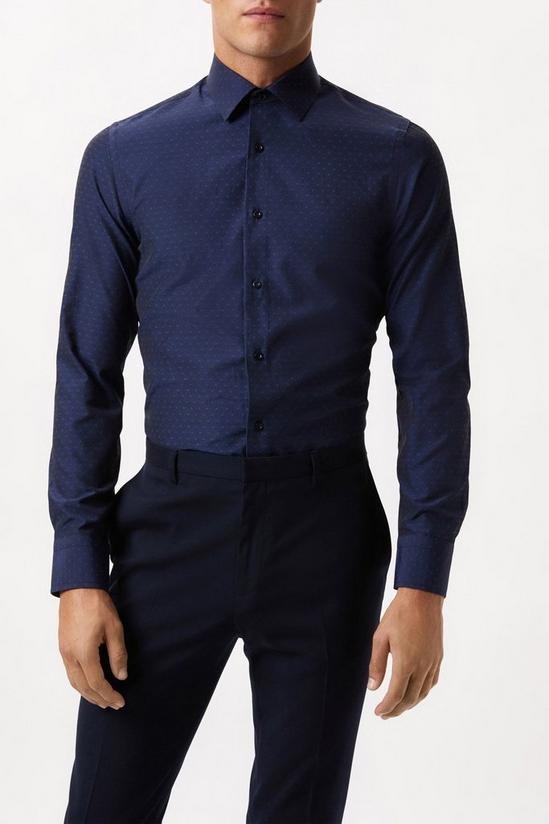 Burton Navy Long Sleeve Slim Fit Tonal Spot Collar Shirt 1