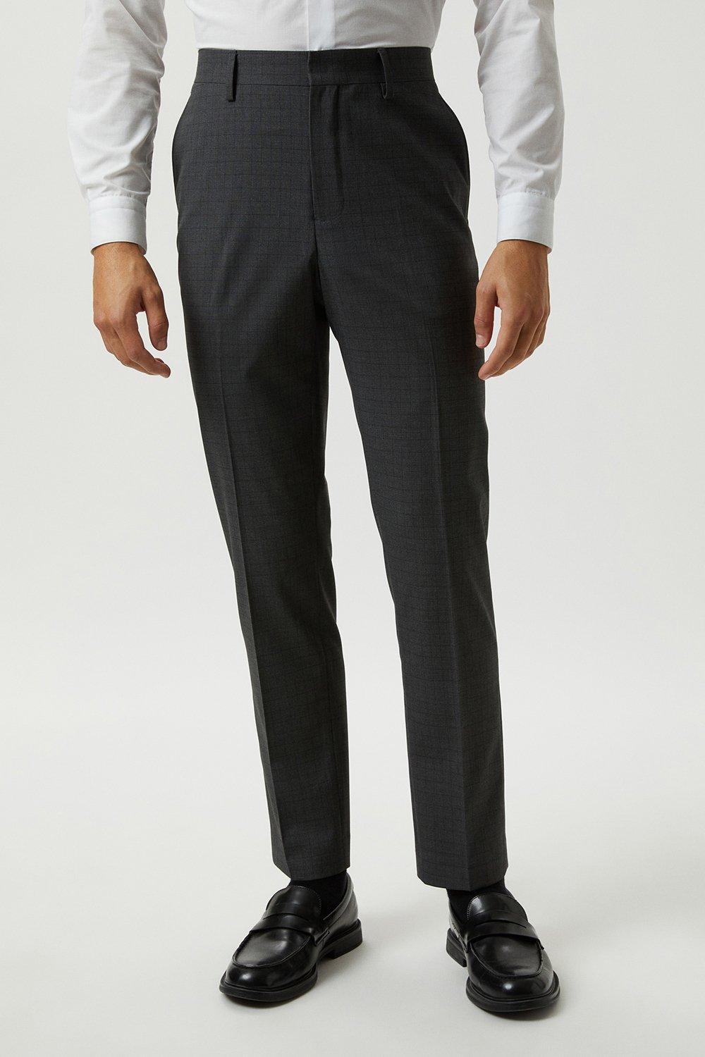 Mens Skinny Fit Grey Grid Check Suit Trousers