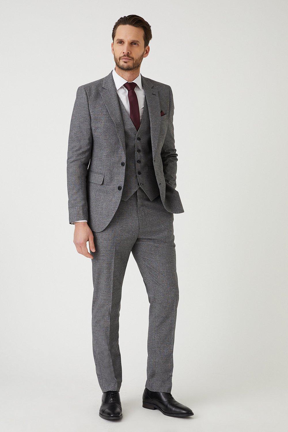 Mens Skinny Grey Texture Grid Check Suit Jacket