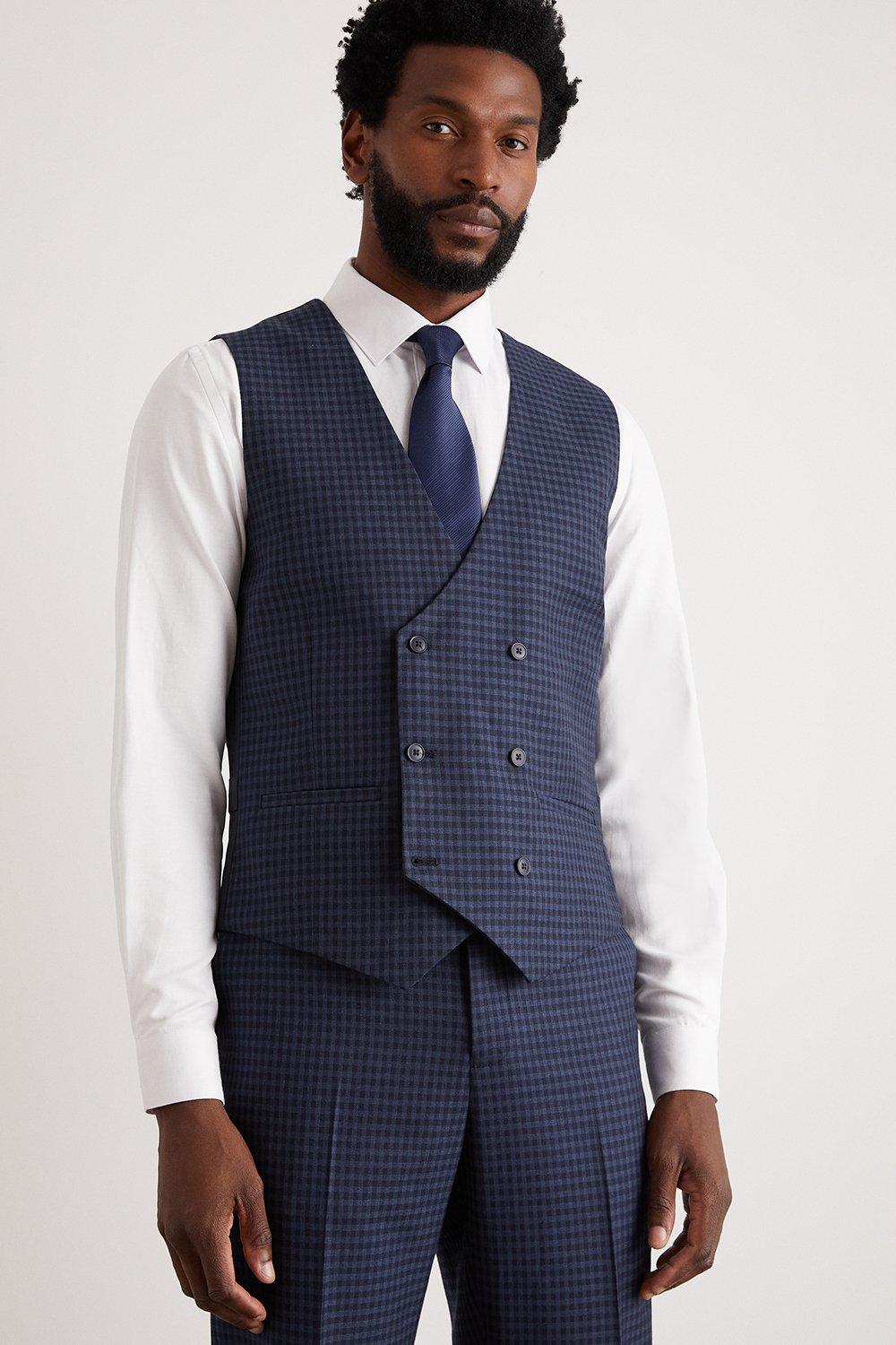 Mens Tailored Fit Navy Small Scale Check Waistcoat