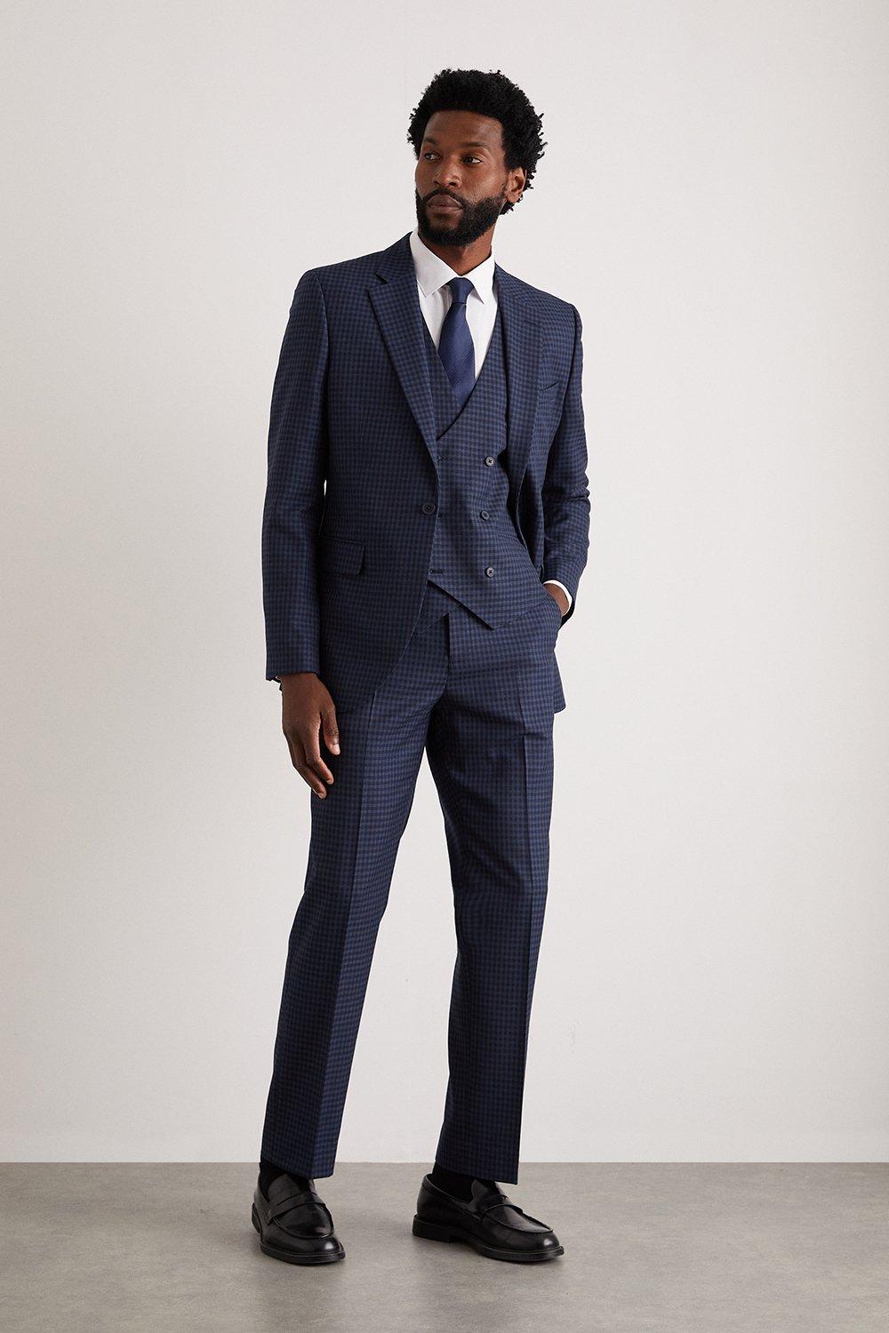 Mens Tailored Navy Small Scale Check Suit Trousers