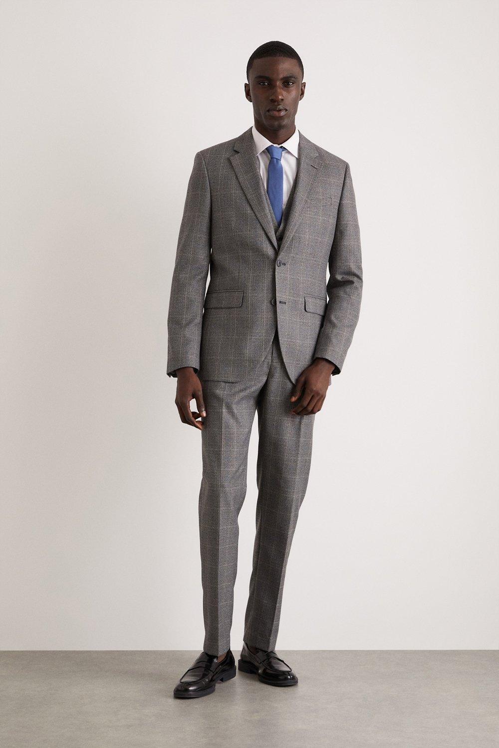 Mens Slim Grey Blue Highlight Check Suit Trousers