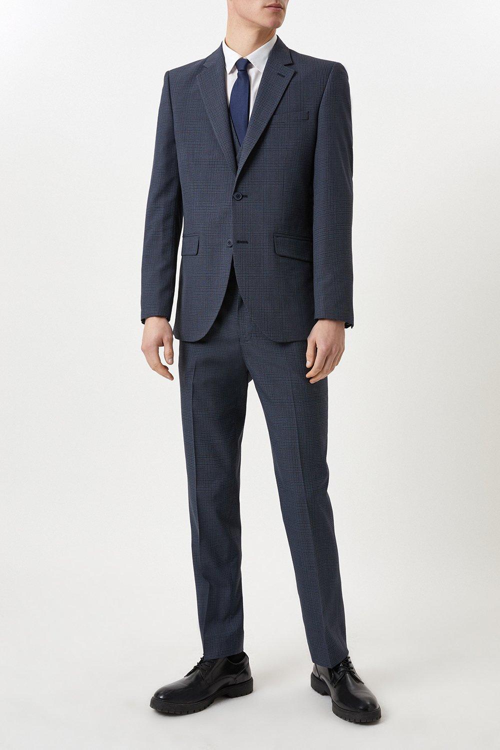 Mens Tailored Fit Navy Overcheck Suit Trousers