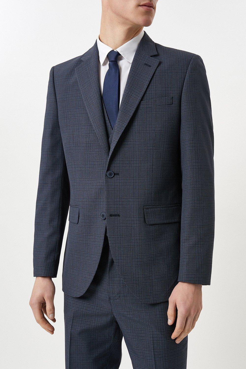 Mens Tailored Fit Navy Overcheck Suit Jacket