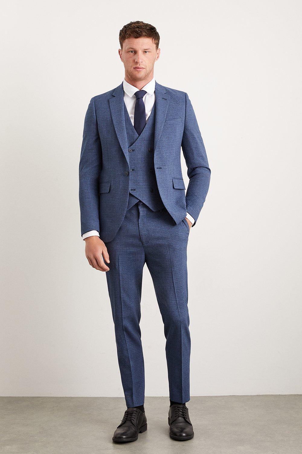 Mens Skinny Fit Blue Semi Plain Suit Jacket