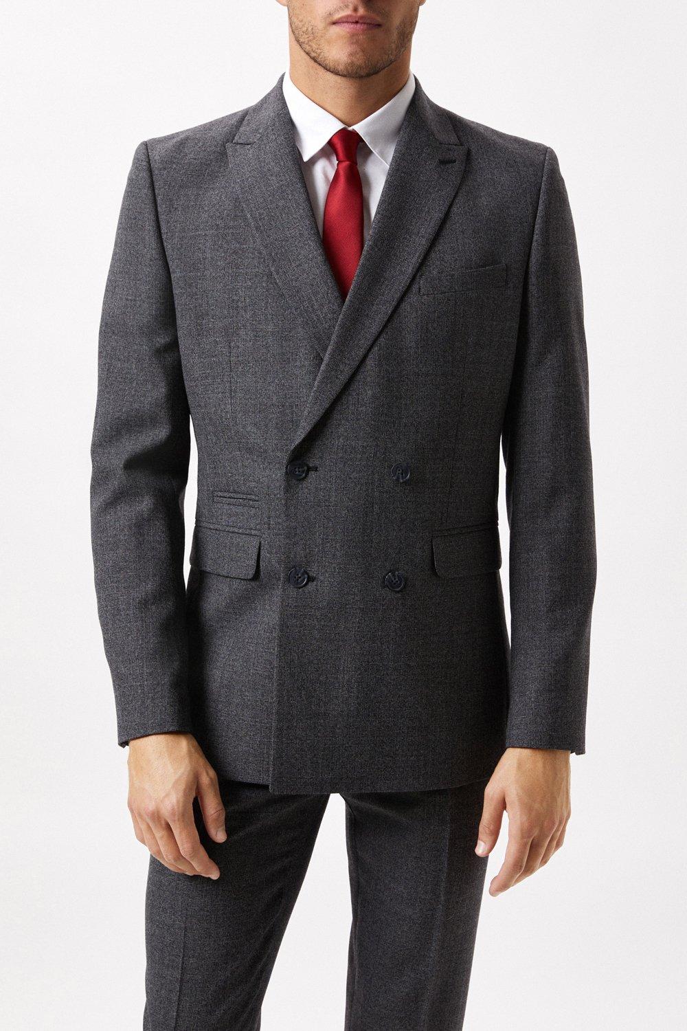 Mens Slim Double Breasted Wool Grey Dogtooth Suit Jacket