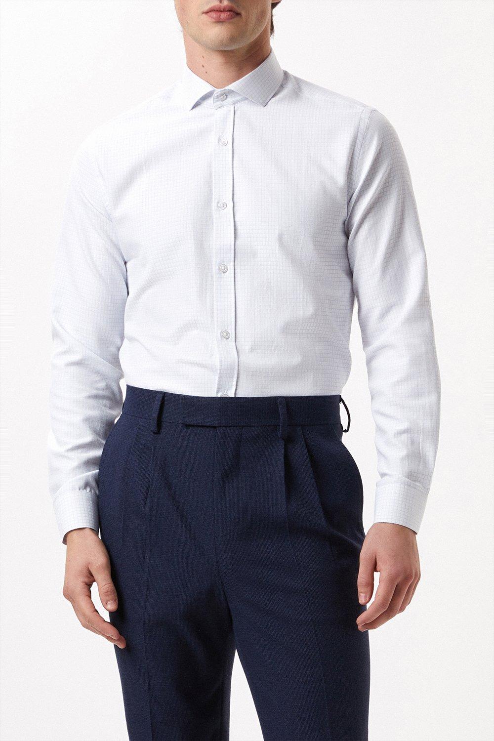 Shirts | White Tailored Fit Long Sleeve Grid Checked Cutaway Collar ...