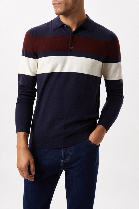 Burton Super Soft Navy Chest Stripe Texture Knitted Polo Shirt 1