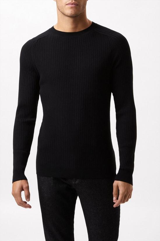 Burton Premium Black Muscle Fit Knitted Ribbed Crew Neck Jumper 1