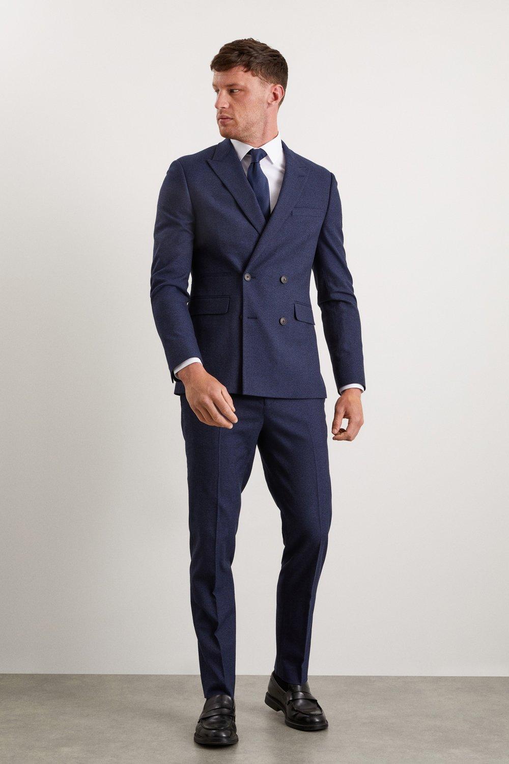 Mens Slim Fit Navy Marl Double Breasted Suit Jacket