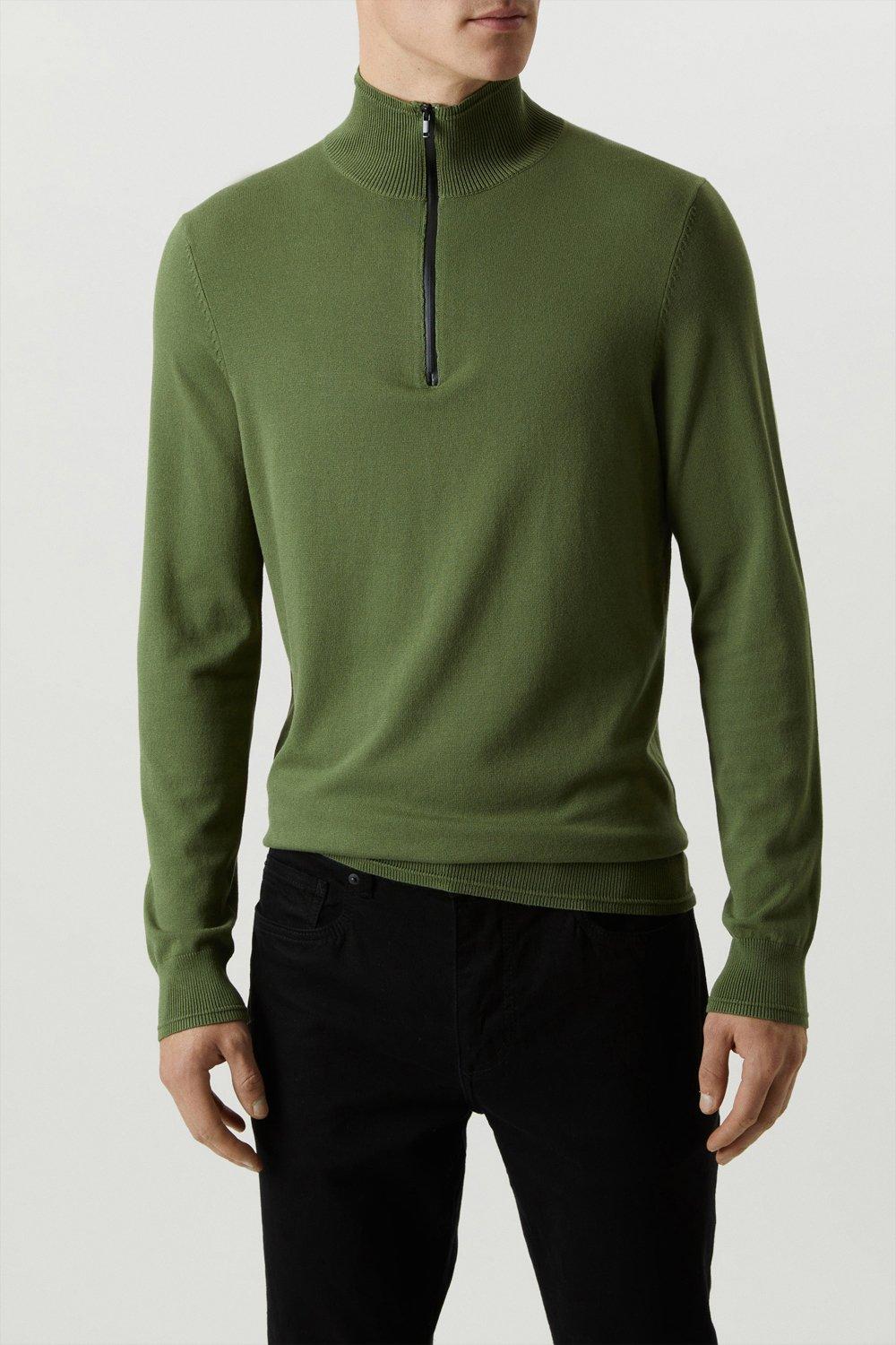 Mens Premium Green Knitted Tech Funnel 1/4 Zip Jumper