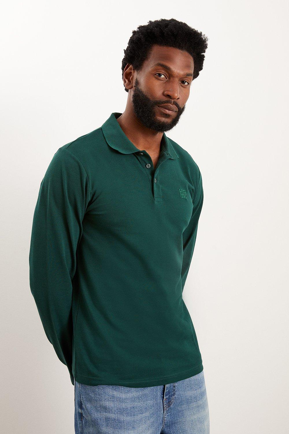 Polos | Green Long Sleeve Pique Polo Shirt | Burton