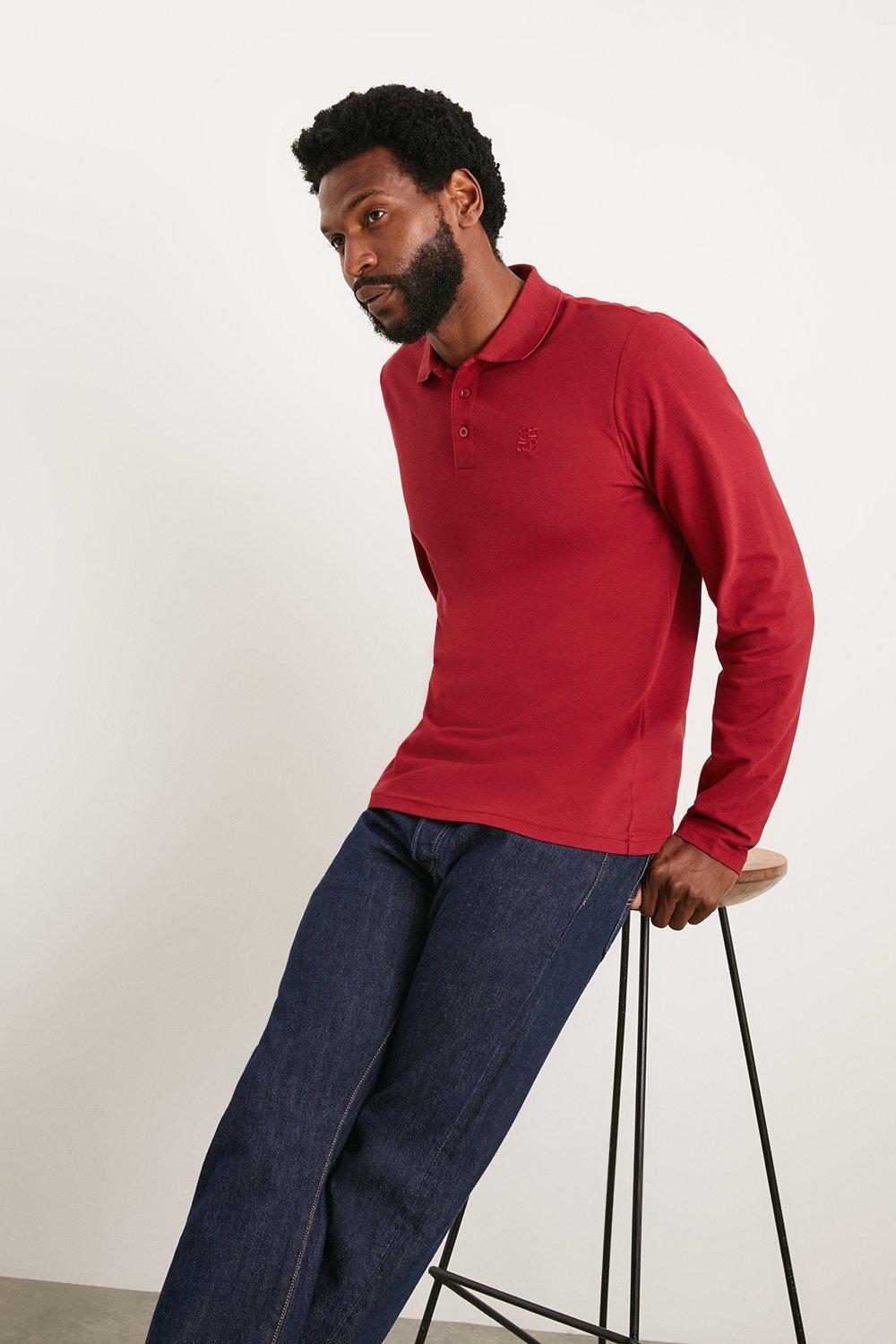Mens Burgundy Long Sleeve Pique Polo Shirt product