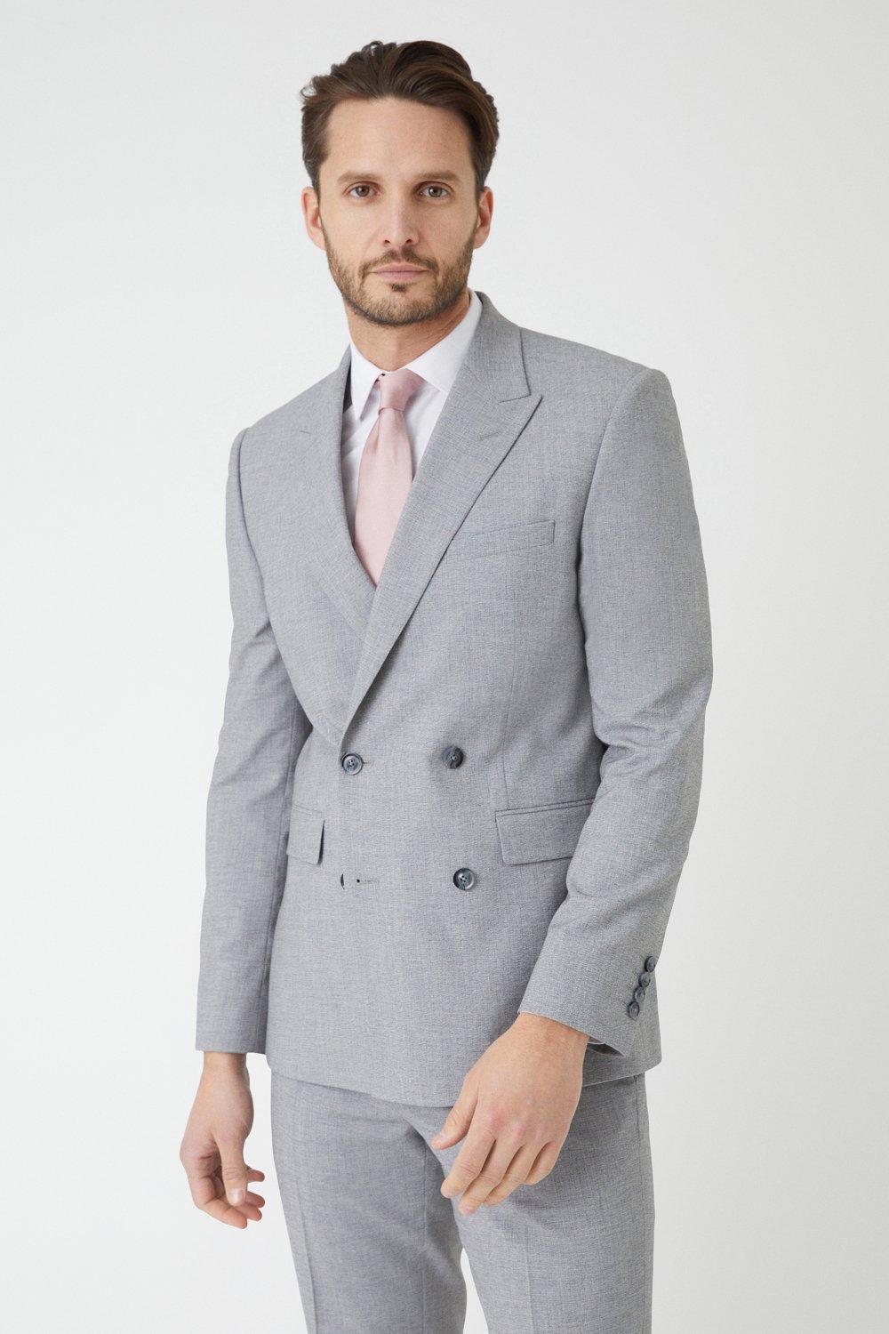 Mens Slim Fit Double Breasted Light Grey Textured Suit Jacket