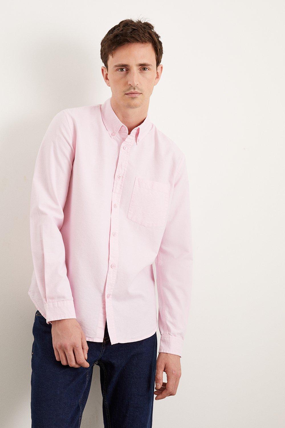 Mens Pink Long Sleeve Pocket Oxford Shirt