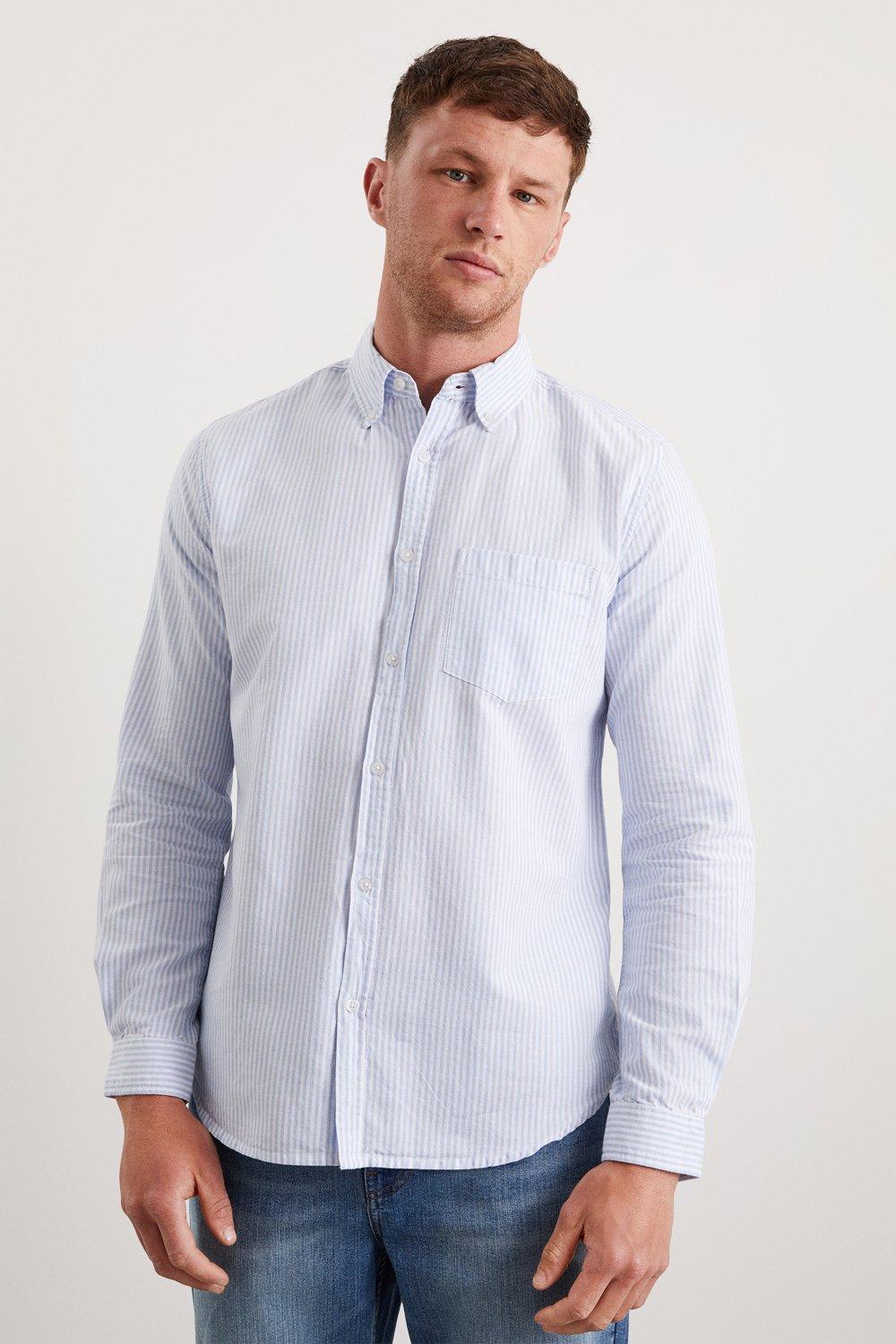 Mens White And Blue Long Sleeve Pocket Oxford Shirt