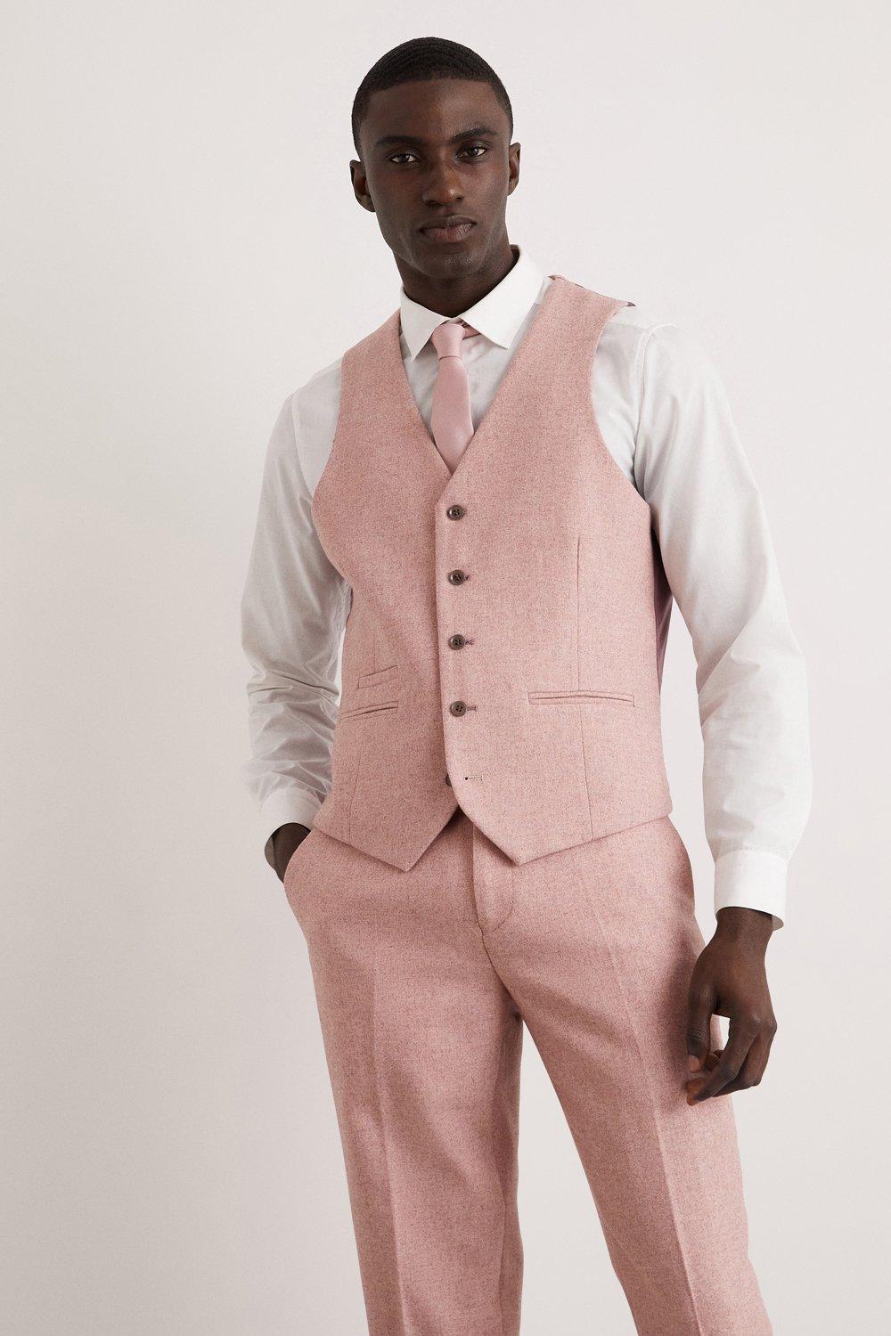 Mens Slim Fit Pink Tweed Suit Waistcoat