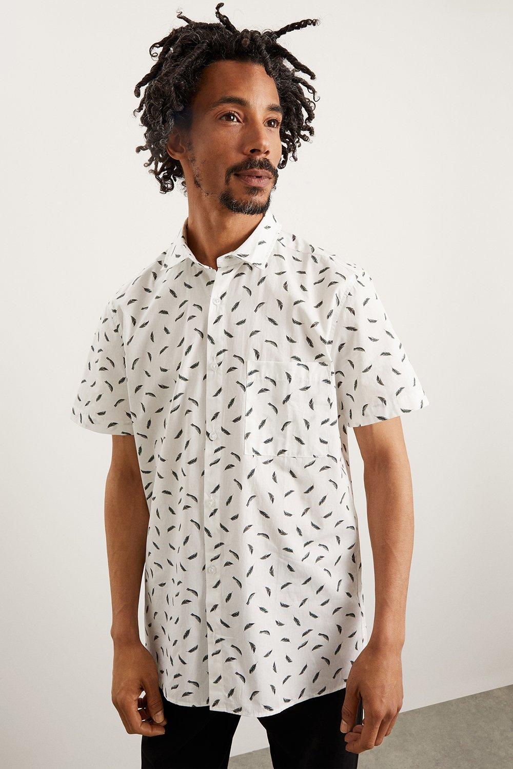 Mens White Feather Conversational Print Shirt