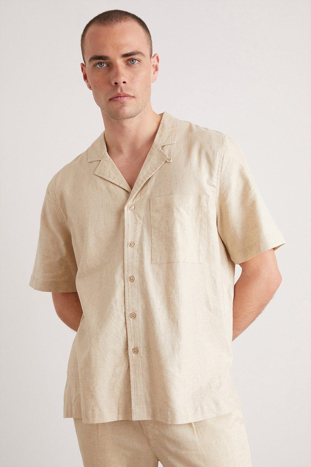 Mens Light Sand Short Sleeve Linen Pocket Shirt