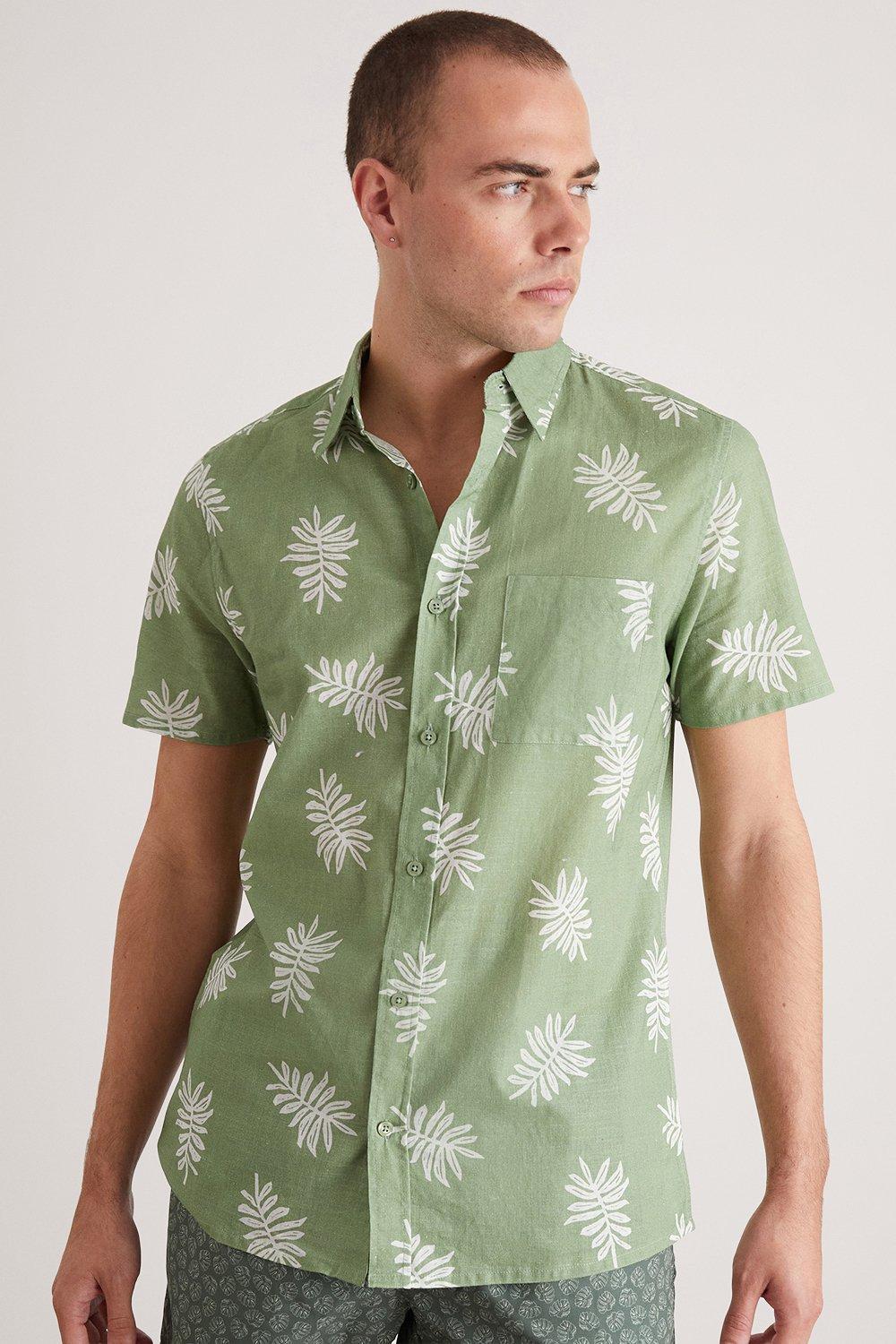 Mens Green Leaf Cotton Slub Print Shirt