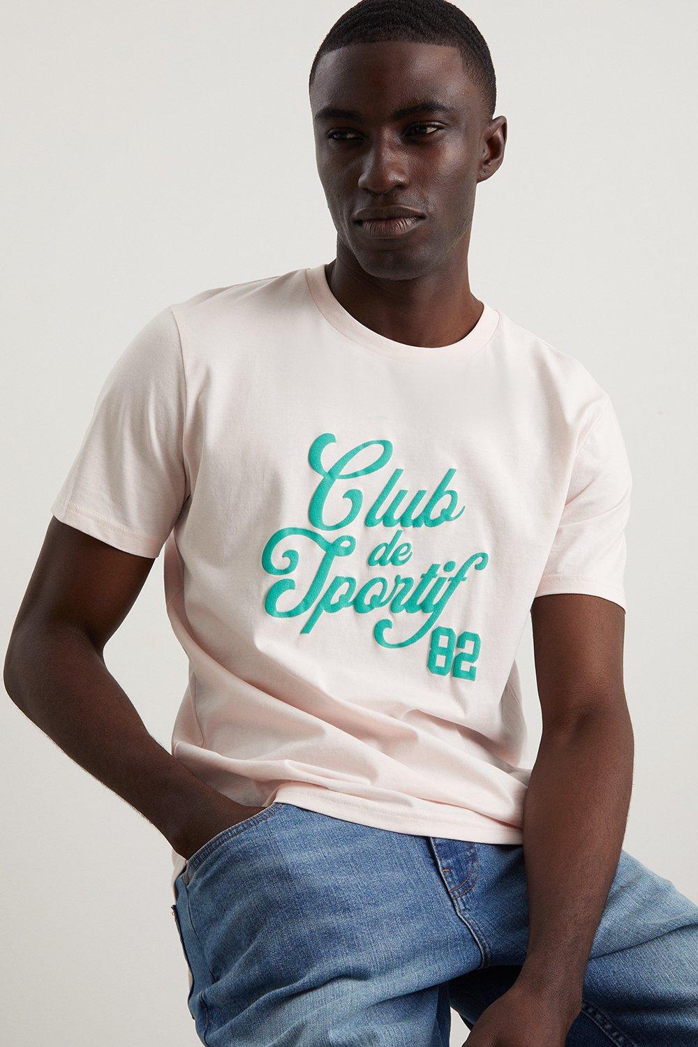 Mens Pink Short Sleeve Club De Sportif Print T-shirt