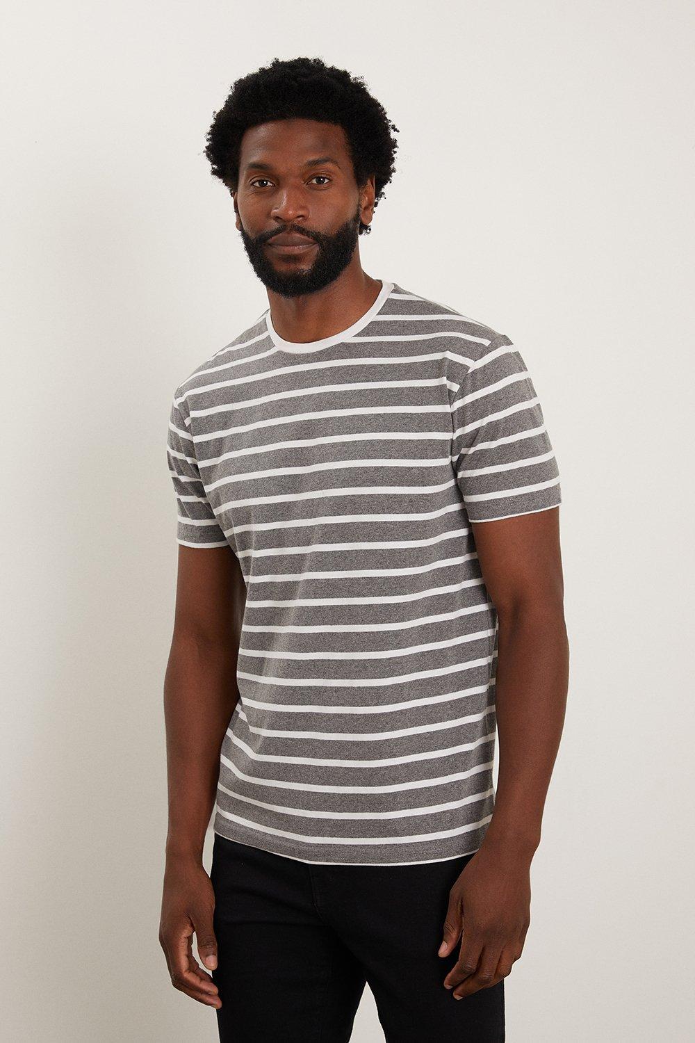 Mens Grey Marl Short Sleeve Stripe T-shirt