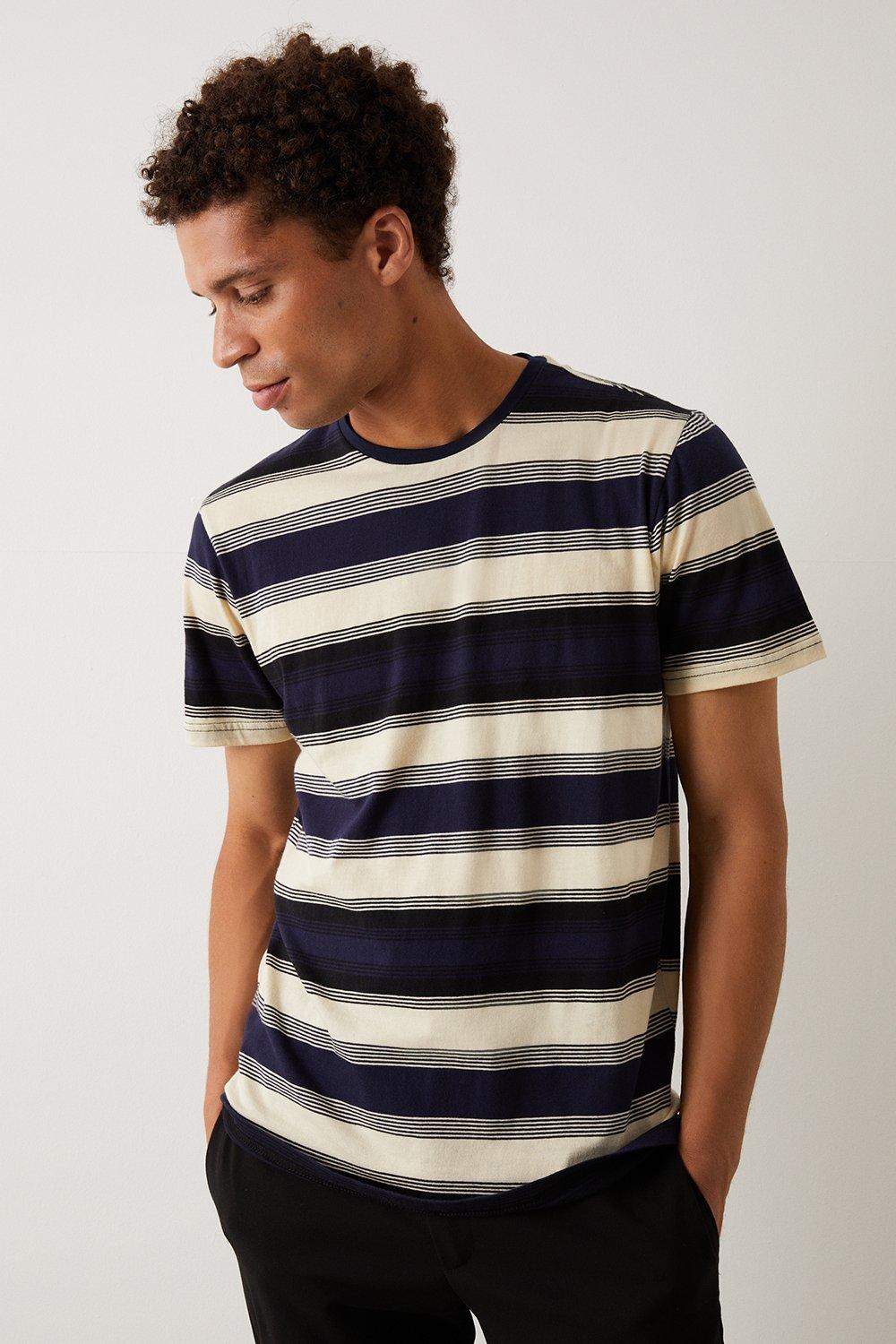 Mens Blue Short Sleeve Varied Stripe T-shirt