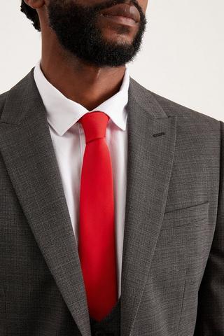 Grey Suit, Red Knitted Tie, Red Socks, Red Pocket Square, Black